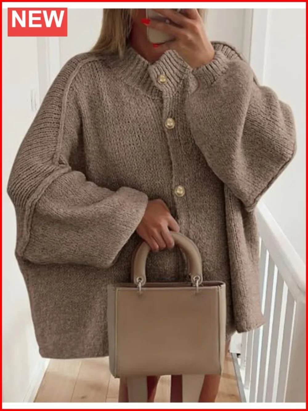 Oversized Chunky Knit Button Down Lantern Sleeve Cardigan Sweater